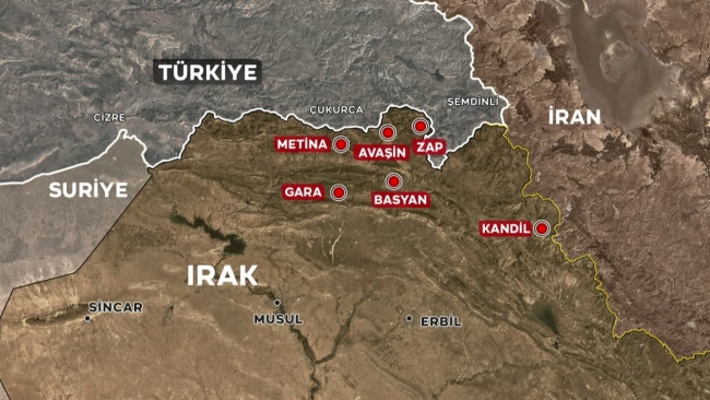 Irak'ın kuzeyindeki terör kampları. Harita: TRT Haber